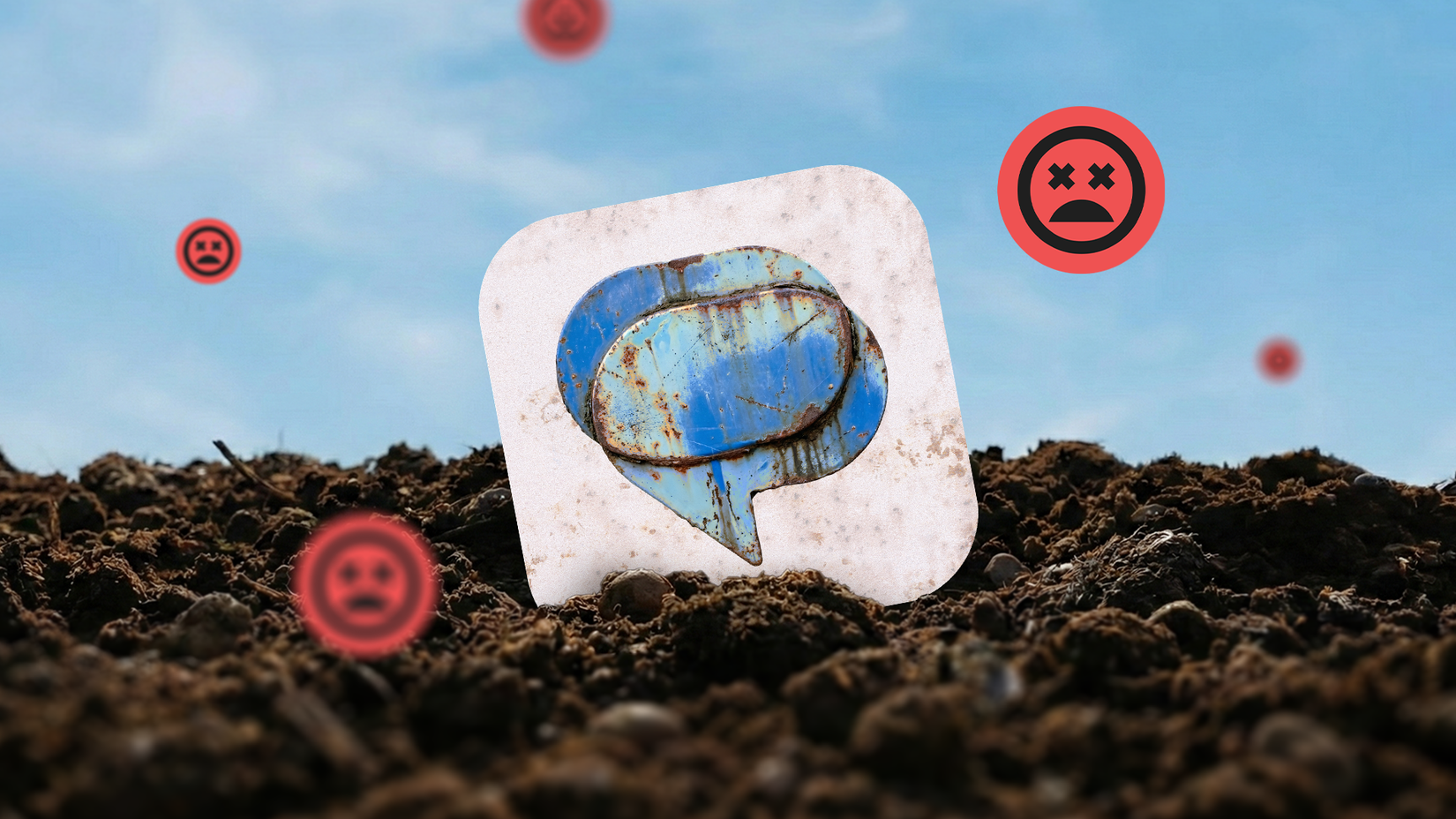 The rusty Google Messages logo lies on the ground, surrounded by floating red sad face icons.