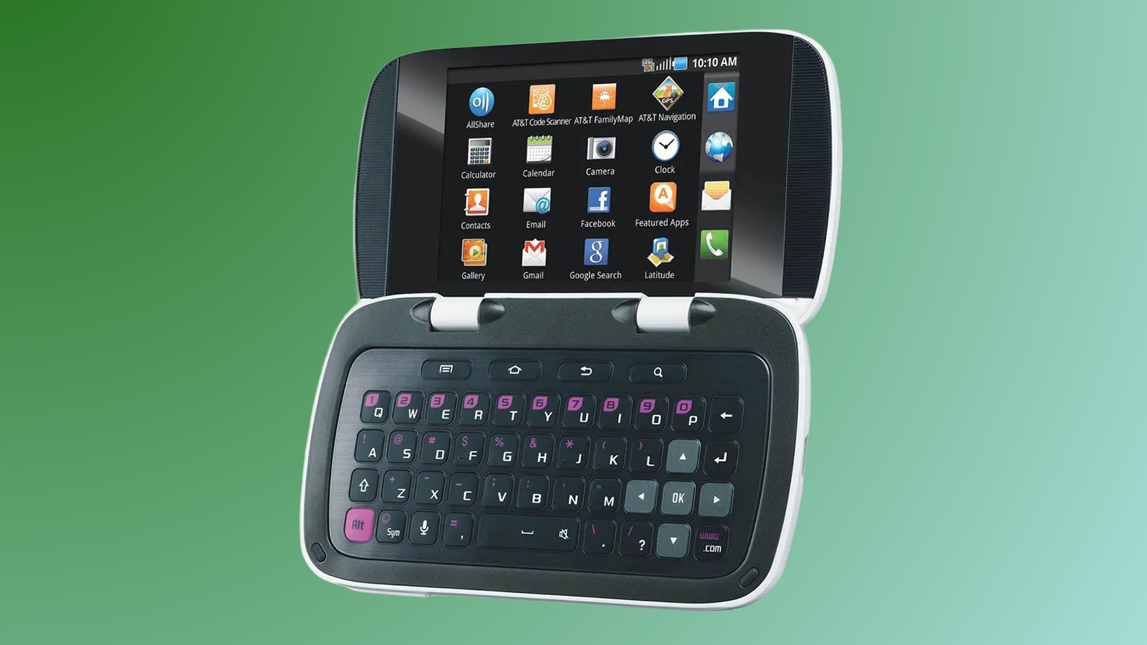 A Samsung DoubleTime phone unfolded with its second screen and physical keyboard in focus.  