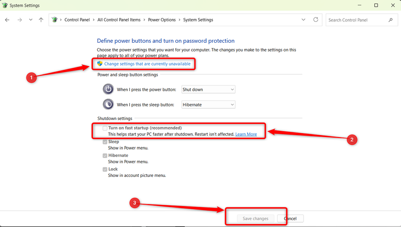 The Power Options menu in the Windows Control Panel.