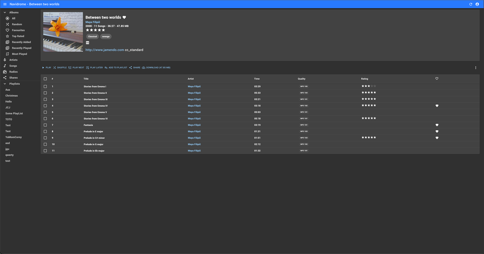The Navidrome web interface showing an album of music.