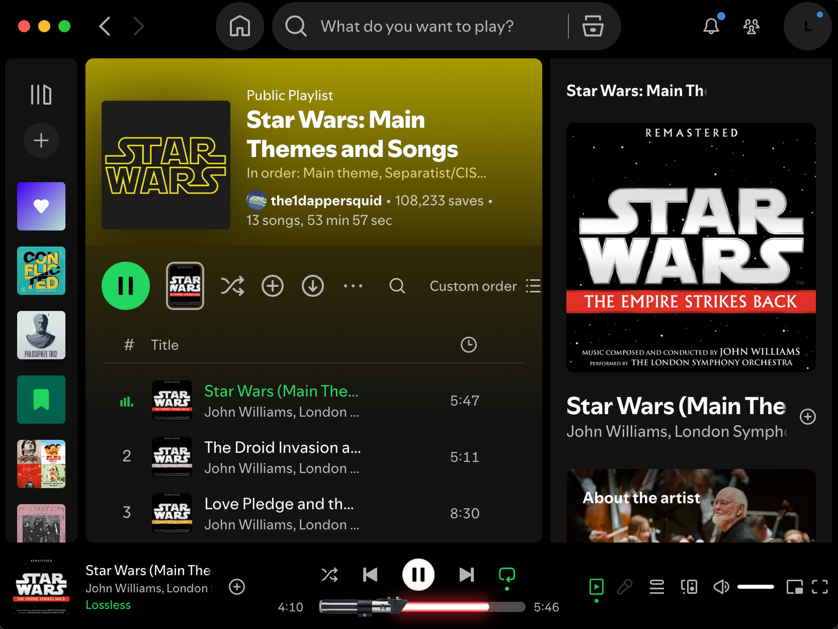 Spotify Star Wars playlist with lightsaber progress bar.