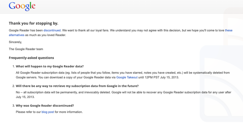 The notice left for Google Reader users informing them of its demise.