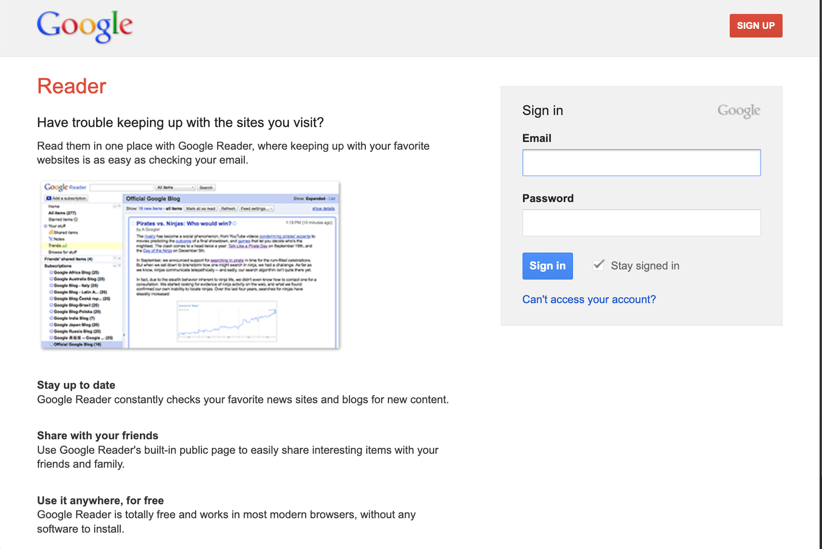The Google Reader signup page.