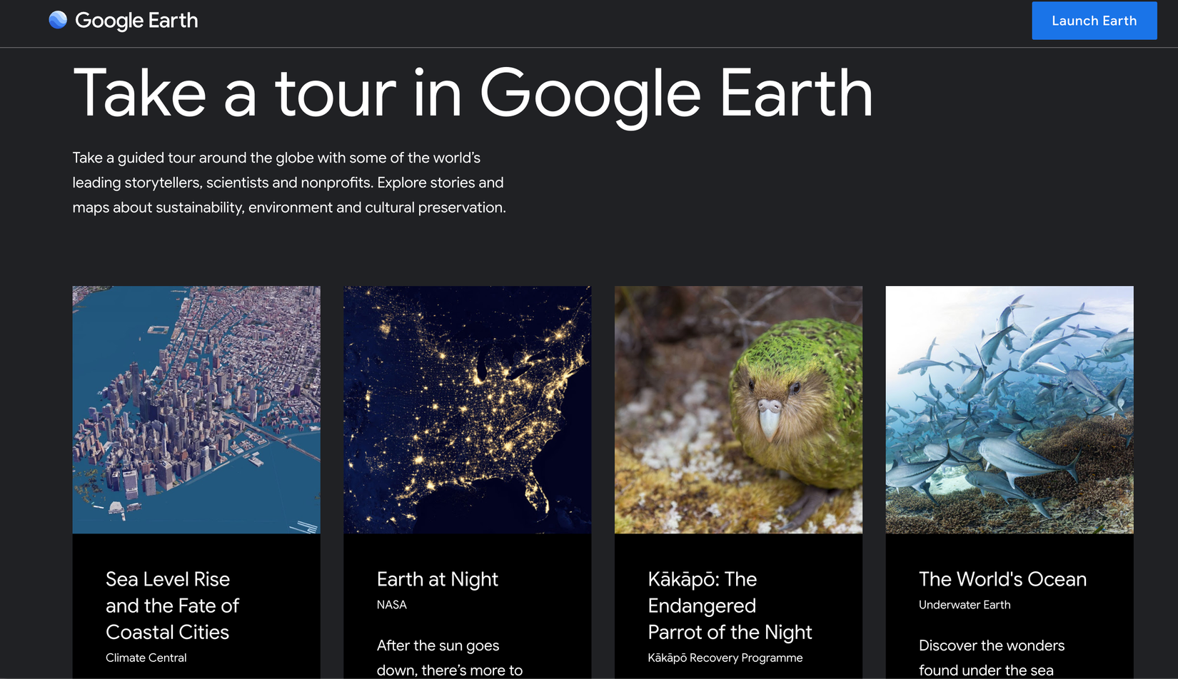 Primeira página dos passeios do Google Earth.