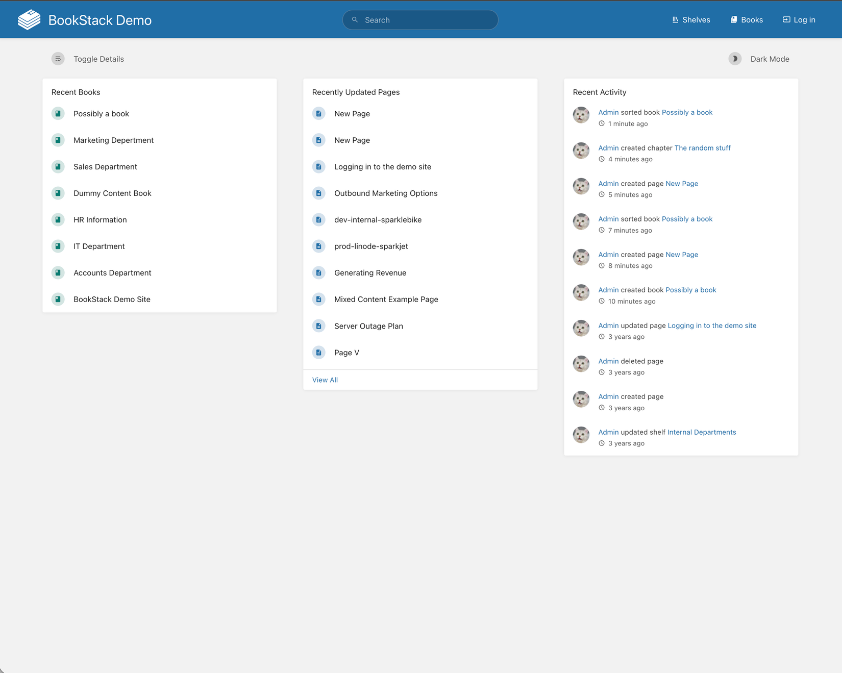 The BookStack wiki interface.