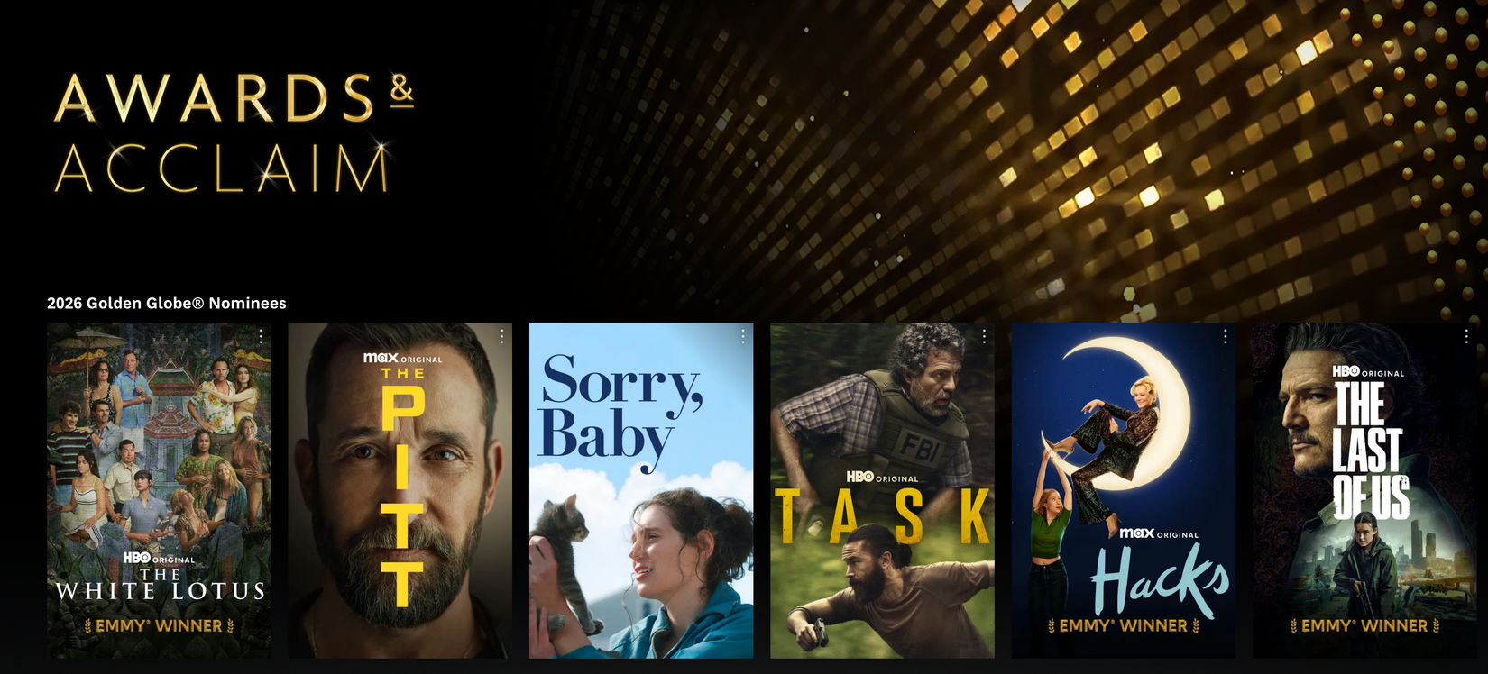 Screenshot of HBO Max's Awards & Acclaim collection from their website.