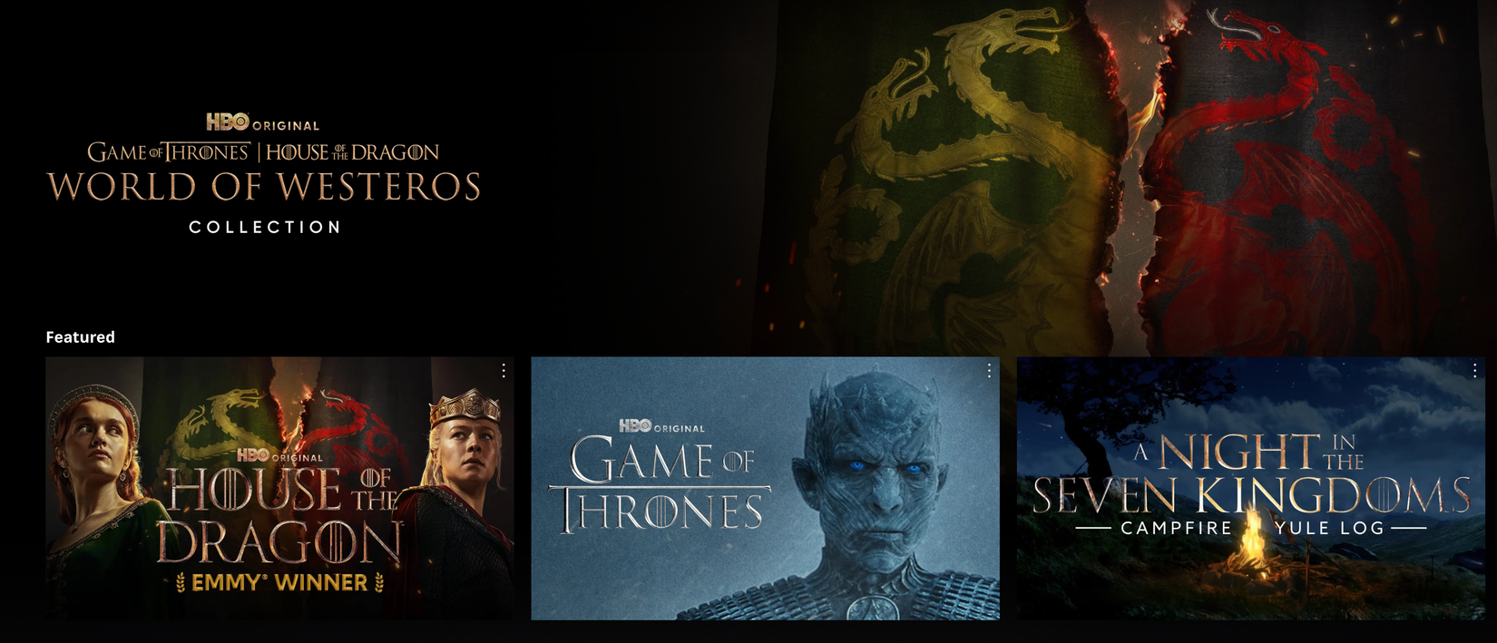 Screenshot of HBO Max's World of Westeros collection from their website.
