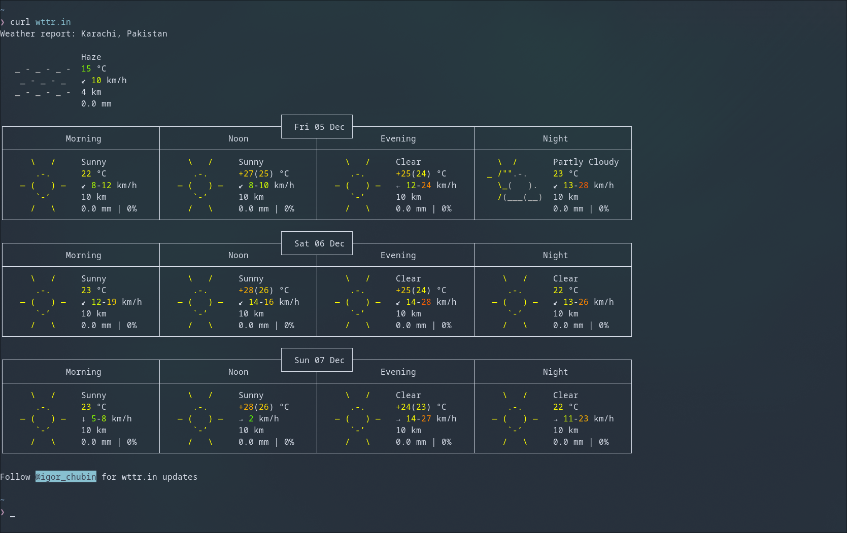Using a curl command to load weather forecasts in the terminal.