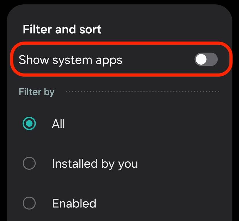 A screenshot showing the filter and sort submenu on a Samsung phone. 