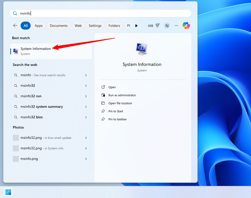 Pesquise msinfo ou informações do sistema no menu Iniciar e clique em Informações do sistema.