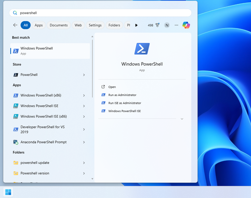 Procurando por PowerShell no menu Iniciar.