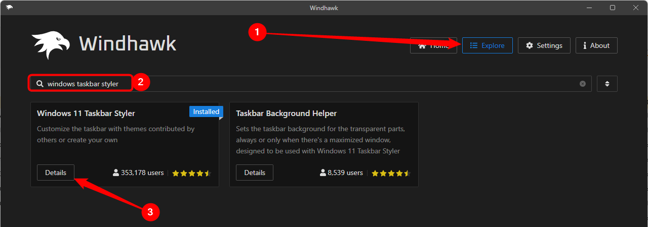 Searching for the taskbar styler in Windhawk.