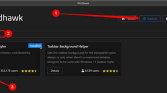 Searching for the taskbar styler in Windhawk.