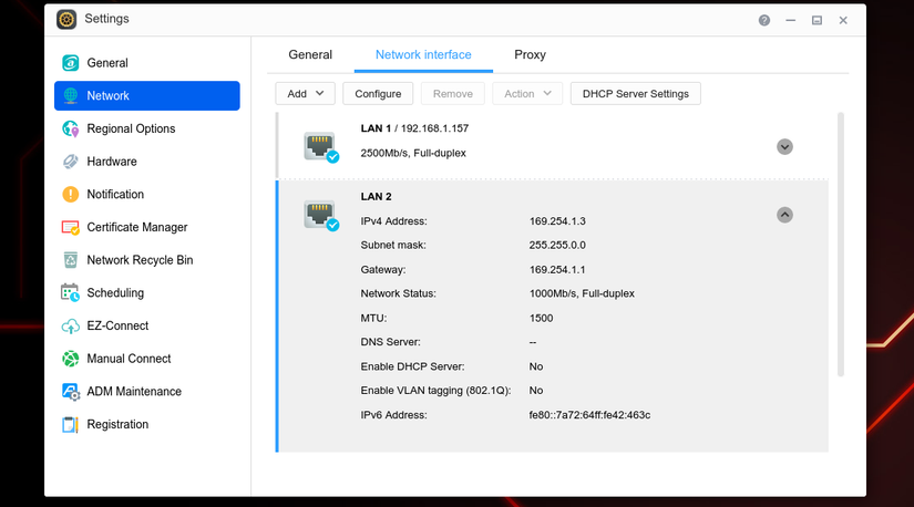 Secondary Ethernet being used to connect to a PC in ADM for an Asustor NAS.