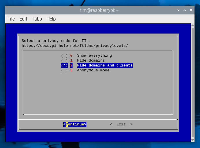 Selecting the privacy level when setting up Pi-hole.