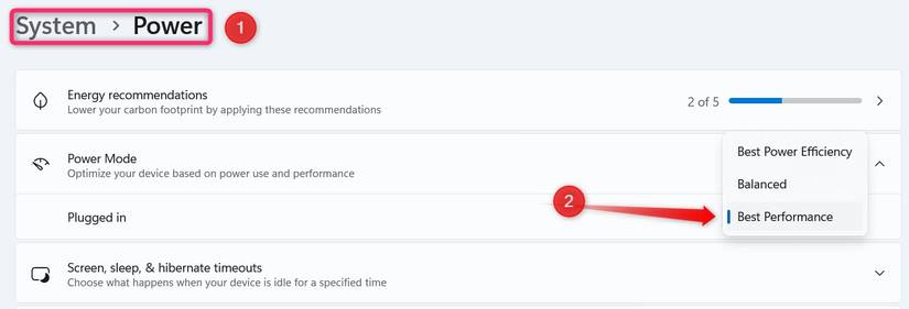 Selecionando o modo de energia de melhor desempenho no aplicativo Configurações.
