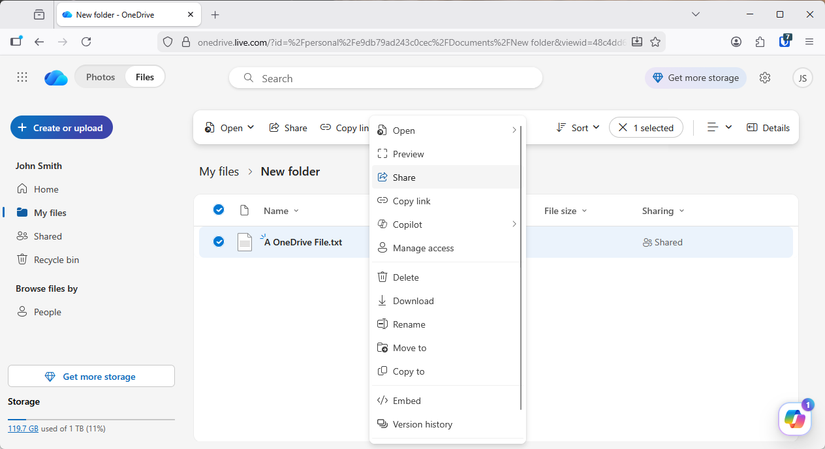 Sharing from OneDrive with the share button