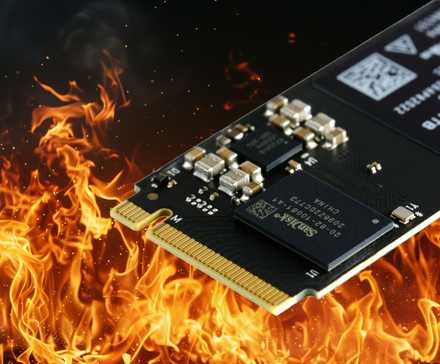 Крупный план SSD на фоне огня.
