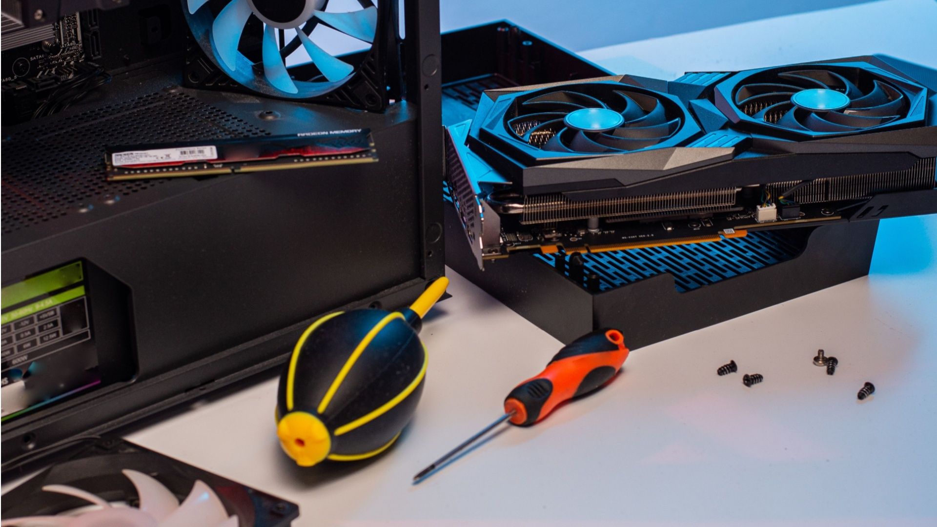 A PC in the process of assembly on a table.