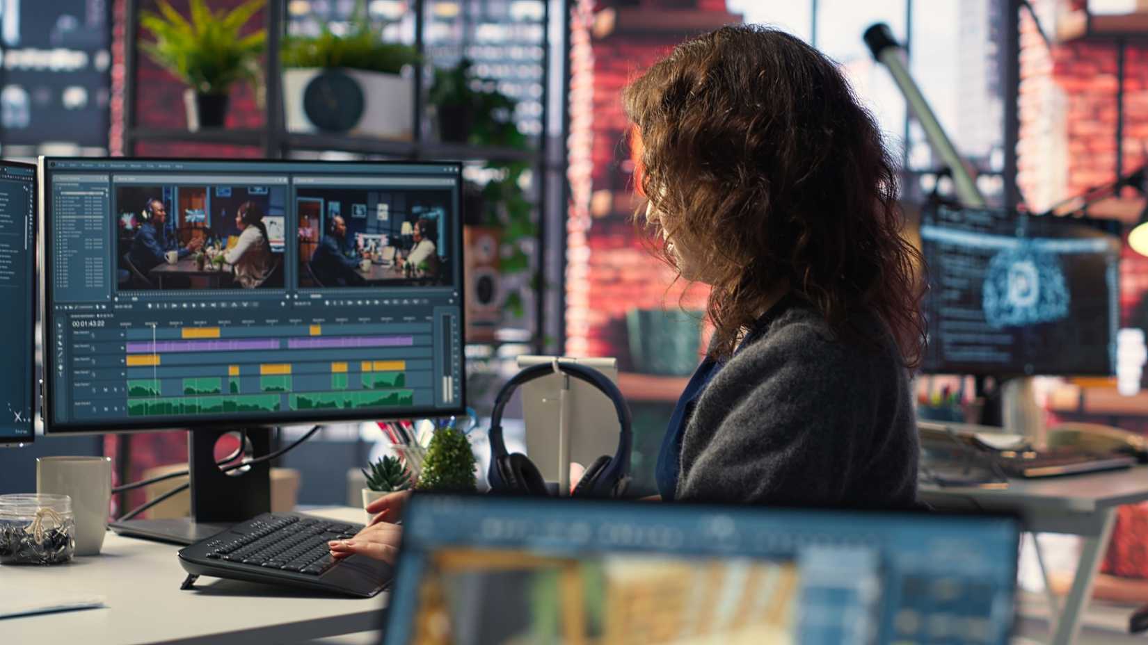 A woman edits a video on a desktop computer.