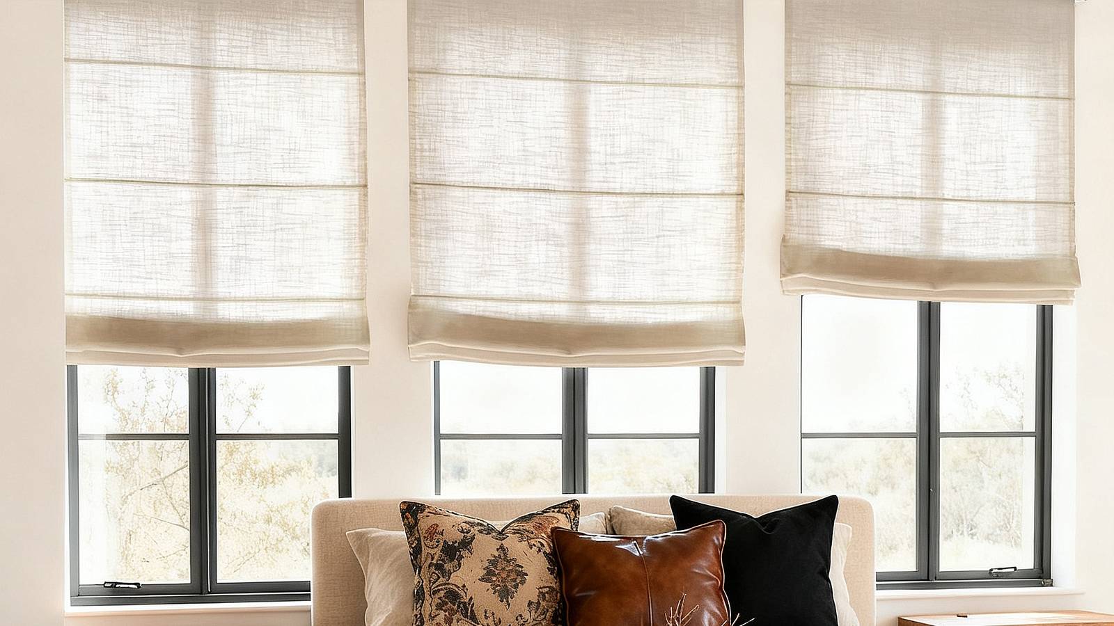 smartwings motorized linen roman shades partially drawn on three windows