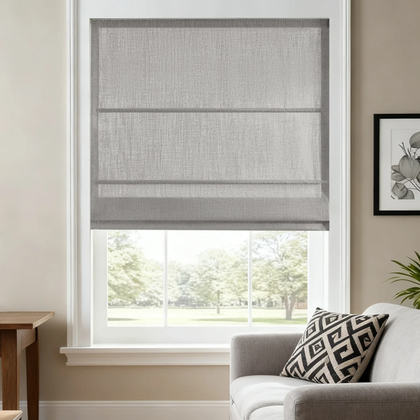 motorized linen roman blinds Smartwings partially drawn on the window