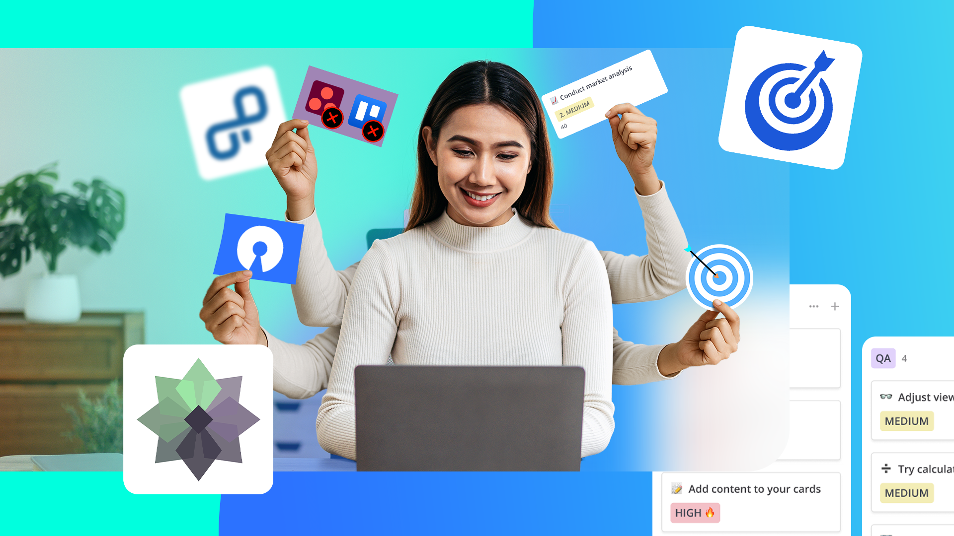 Smiling woman working on a laptop with multiple arms holding productivity icons and Focalboard, OpenProject, and Taiga logos around her.
