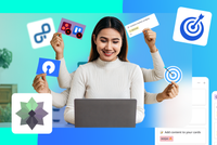 Smiling woman working on a laptop with multiple arms holding productivity icons and Focalboard, OpenProject, and Taiga logos around her.