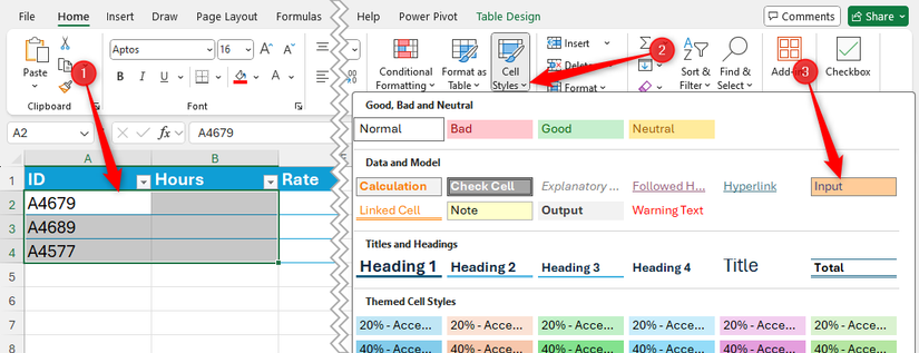 Столбцы в таблице Excel выделены, выбран стиль для ввода.