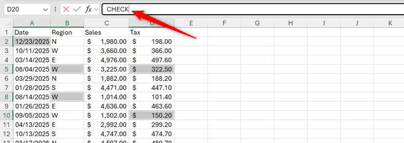 Some non-contiguous cells in Excel are selected, and the word CHECK is typed into the formula bar.