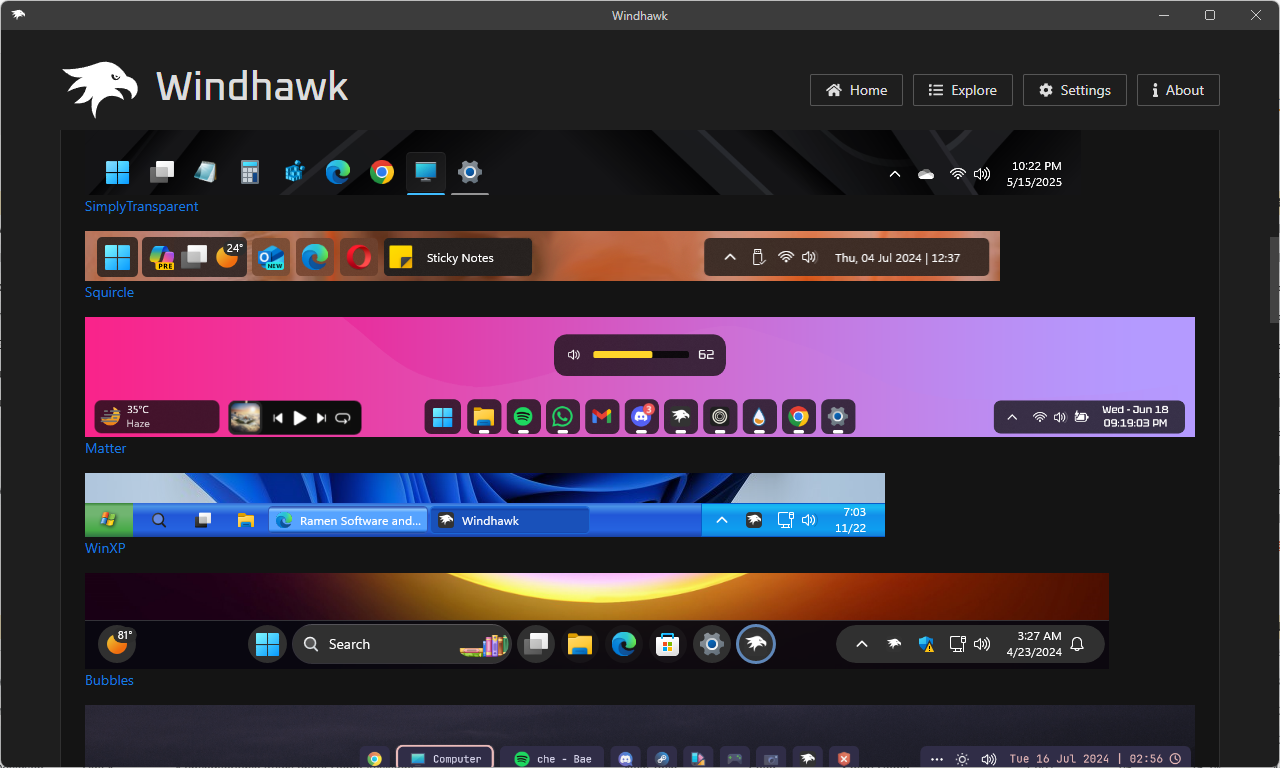 Some of the Windhawk taskbar style options.