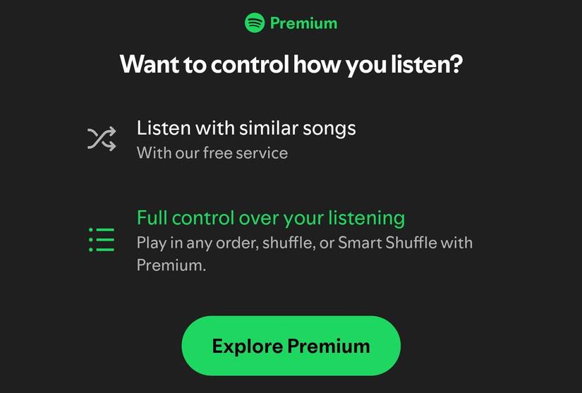 Spotify Premium pop-up on the mobile app.