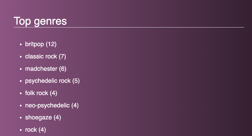 Uma lista de dez gêneros com contagem total entre colchetes.
