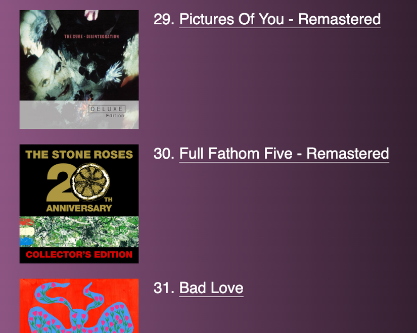 Some example tracks, each with an image and a linked name.