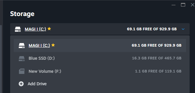 Steam storage showing an SD card as a drive.
