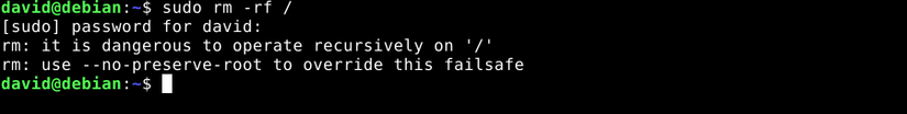 Error message when attempting to run "sudo rm -rf /"