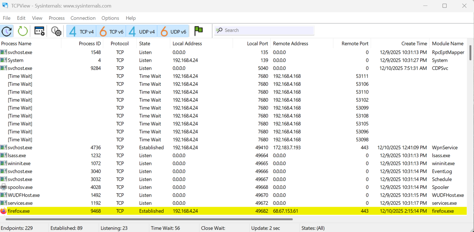 Uma captura de tela da ferramenta SysInternals TCPView em execução em um computador Windows.