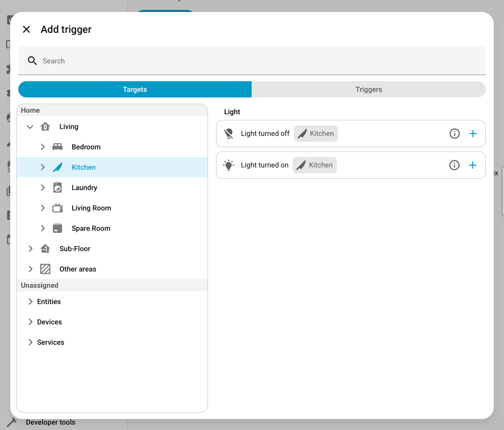 Targeting the kitchen when building an automation in Home Assistant.