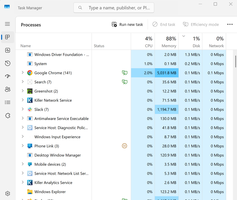 Screenshot of Windows 11 Task Manager opened in the processes tab.