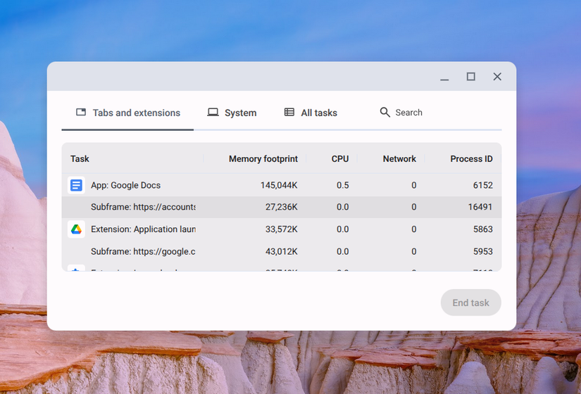 Gerenciador de tarefas no Chrome OS