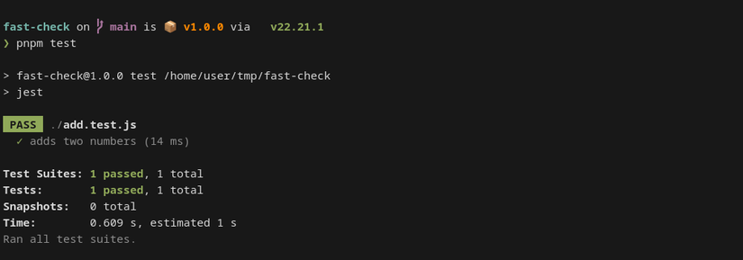 O texto em uma janela do terminal indica que um teste foi aprovado.