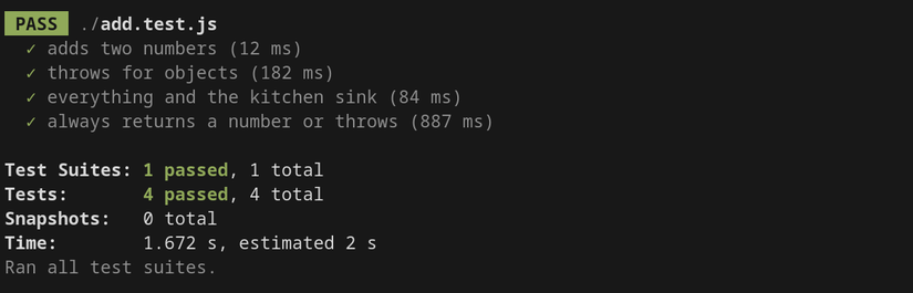 O texto em uma janela do terminal indica que todos os quatro testes foram aprovados.