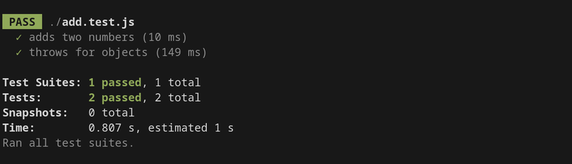O texto em uma janela de terminal indica que todos os dois testes foram aprovados.