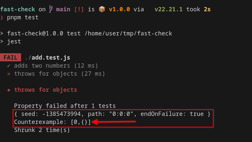 O texto em uma janela de terminal indica que um teste foi aprovado, mas outro falhou. As anotações na tela mostram que o parâmetro com falha era um objeto.