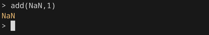 O texto em uma janela de terminal mostra a saída da função add – é simplesmente NaN.