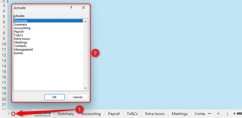 Hình ảnh 27: Cửa sổ Kích hoạt (Activate) trong Microsoft Excel hiển thị 10 tên trang tính trong một danh sách dọc.