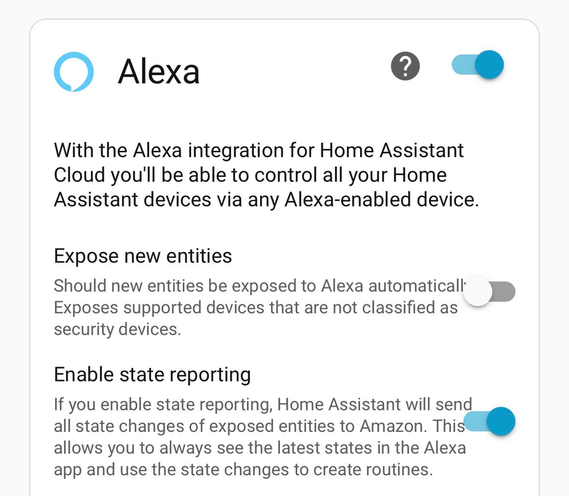 Alexa integration is enabled in Home Assistant Cloud settings.