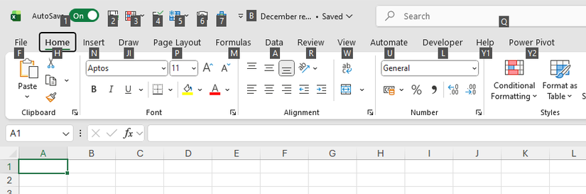 Hình ảnh 24: Các tổ hợp phím Alt trên Ribbon của Excel, với các số đại diện cho biểu tượng trên QAT và chữ cái đại diện cho các công cụ khác trên Ribbon.