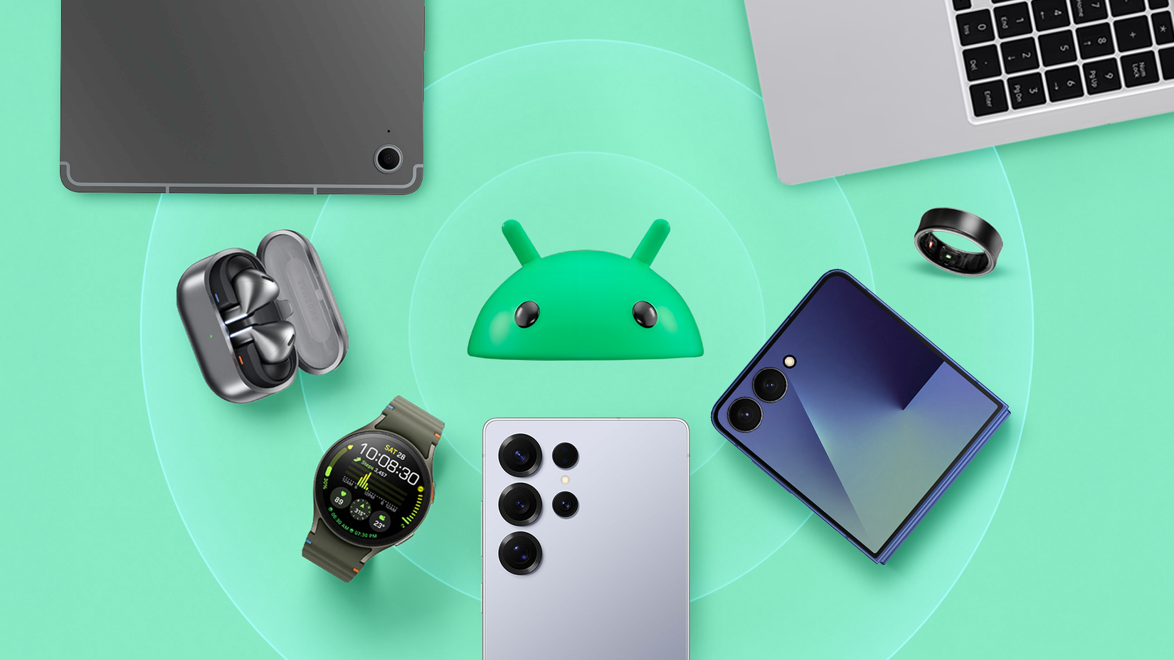 The Android logo is centered among Samsung devices, including the Galaxy tablet, Galaxy Buds, Galaxy Watch, Galaxy S25 Ultra, Galaxy Z Flip, laptop, and smart ring, all arranged on a green stripe.