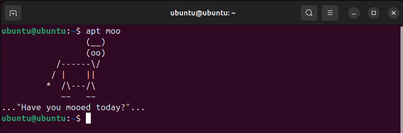 A saída do apt moo cow em um terminal Ubuntu.